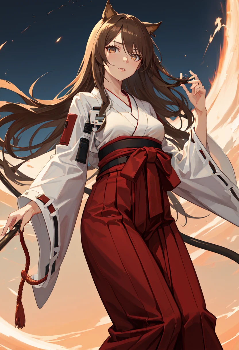 best quality, masterpiece, highres, solo, (skyfire_arknights:1.10), (white kimono:1.35), (red hakama:1.35), (wide sleeves:1.20), 19 <lora:skyfire_arknights:0.80>