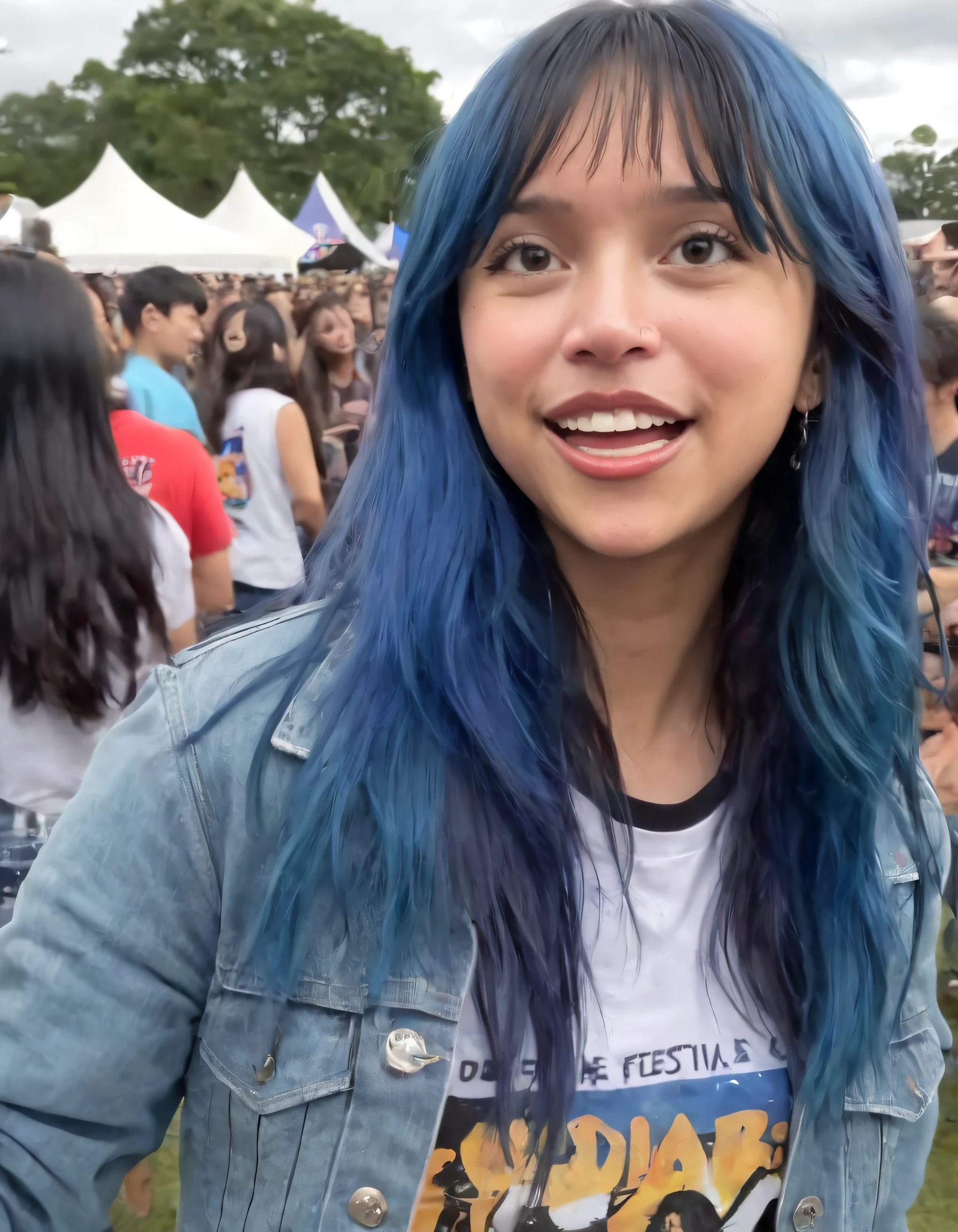 Captivated by her radiant beauty, Ally Purugganan's long locks and vivid blue hair fluttered as she confidently strode towards the music festival with a spark in her eyes, proudly sporting a well-loved concert t-shirt and a comfortable denim jacket - undeniably making an unforgettable statement of self-expression and passion for music. <lora:qpmxxj18e852a035dz7e:1>