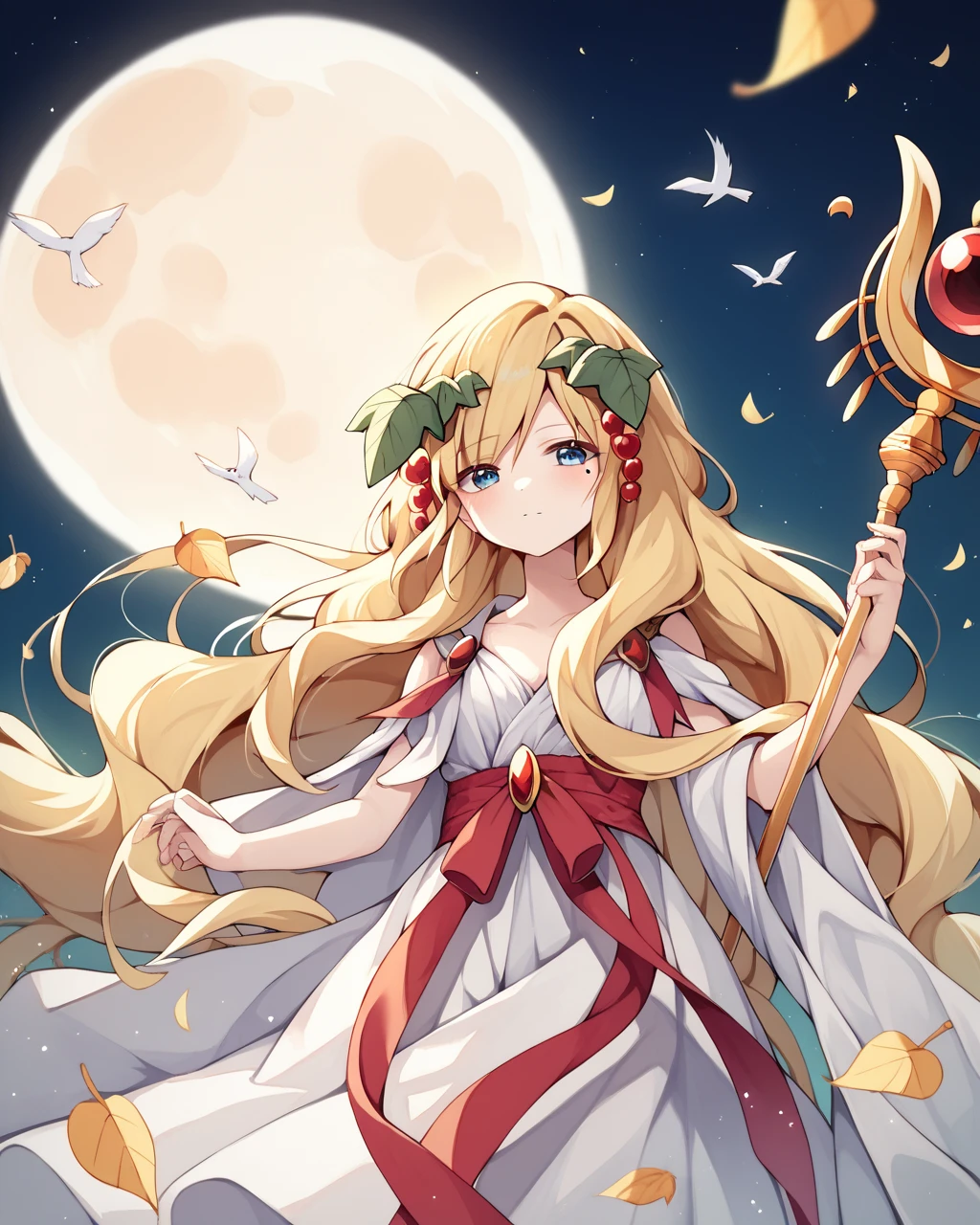 score_9, score_8_up, score_7_up, score_6_up, score_5_up, score_4_up, BREAK source_anime,
<lora:Scheherazade_PONY:0.8>,scheherazade, 1girl, solo,blue eyes,long hair, blonde hair,leaf,hair ornament, mole under eye,robe, ribbon,white dress,
moon,staff,full moon,bird,