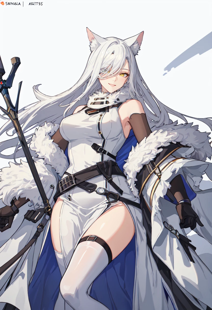 best quality, masterpiece, highres, solo, (santalla_arknights:1.10), 1girl, looking at viewer, fur trim, coat, white dress, white gloves, belt, smile, holding, thighhighs, 1 <lora:santalla_arknights:0.80>