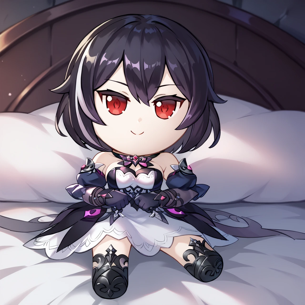 score_9, score_8_up, score_7_up, score_6_up, source_anime, <lora:xerahkr-ponyxl-beta1-08:1.0>, 1girl, solo, xerahkr, short hair, streaked hair, short black dress, black sleeves, detached sleeves, black gloves, puffy sleeves, purple gemstone, choker, cleavage, see-through, black footwear, evil smile, on bed, fumo \(doll\), chibi, sitting <lora:style_toyfumo_ponyXL-000006:1.1>