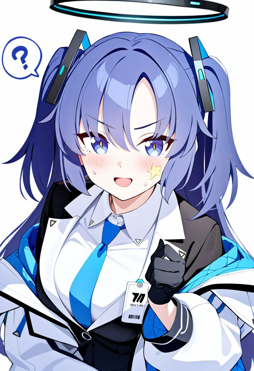 1girl, 
yuuka \(blue archive\), blue archive, 
uniform, gloves, mechanical halo, upper body, white background, medium breasts, halo, tablet pc, spoken question mark, id photo, looking at viewer, holding tablet pc, sweat, breasts, blue hair, blue necktie, jacket, long hair, shirt, necktie, simple background, school uniform, blue eyes, blush, hair ornament, smile, white shirt, dark blue hair, black gloves, holding, open mouth, open clothes, twintails, id card, solo, ?, hair between eyes, open jacket, name tag, 
very aesthetic, masterpiece, best quality, absurdres, sensitive