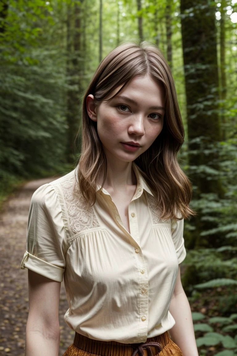 European woman, closeup, sandals, (shirt), pants, (bridge in the woods), ZM_chelsea, wide shoulders, perfect face, (contact iris: 1.1), pale skin, skin pores , looking_at_viewer, depth of field