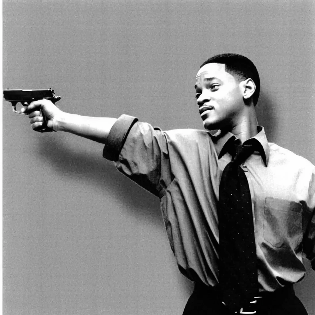 Will Smith as Men in Black, bratva is striving for power, realistic, male focus, aiming, handgun, monochrome, gun, 1boy, solo, arm outstretched, weapon, agitation, leaflet, greyscale, necktie, printout