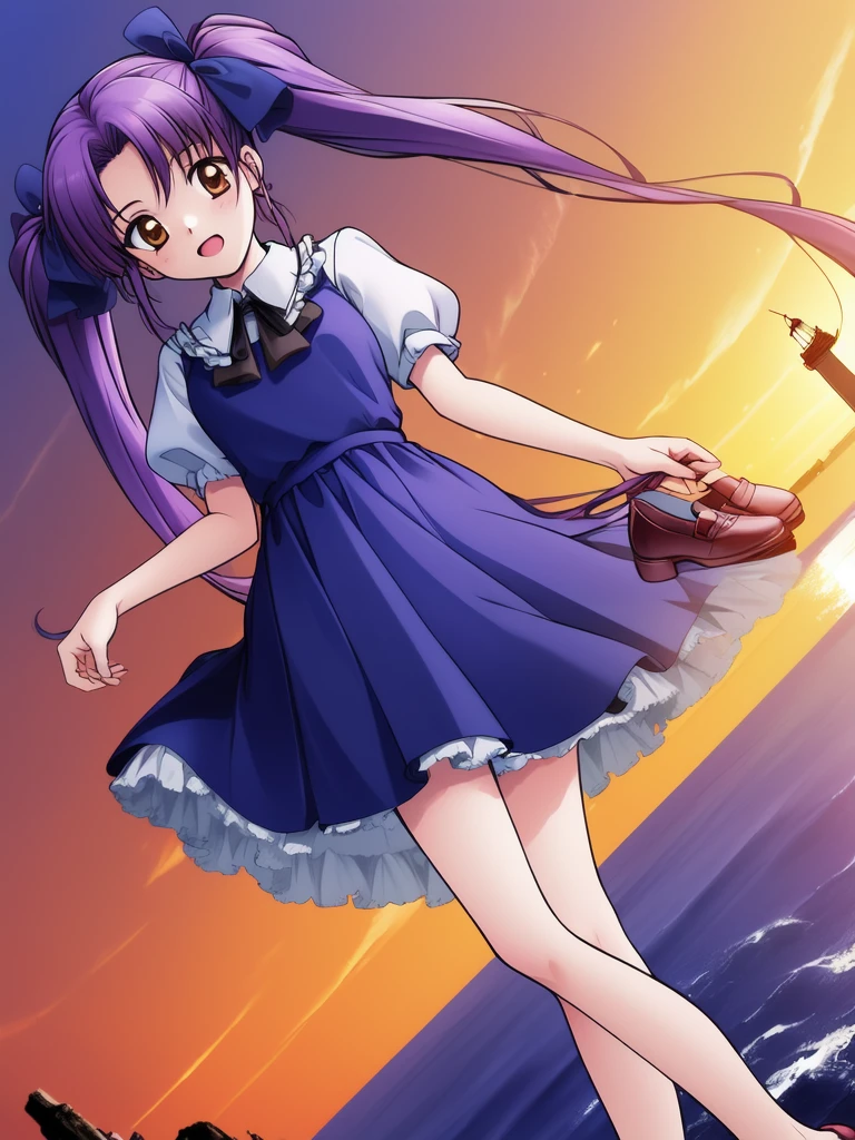 <lora:MIMI_HTS:0.8> MIMIHTS, 1girl, solo, beach, purple hair, twintails, dutch angle, shoes, dress, barefoot, holding shoes, long hair, sunset, ocean, lighthouse, brown eyes, holding, shoes removed, ribbon, blue dress,, masterpiece, high quality, very_high_resolution, large_filesize, full color,