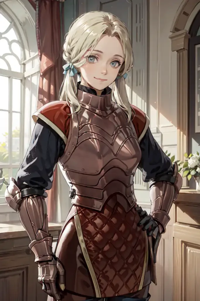 masterpiece, best quality, flechefe, 1girl, solo, low twintails, hair ribbon, armor, breastplate, armored dress, long sleeves, gauntlets, gloves, pants, boots, indoors, medieval, castle, closed mouth, smile, upper body, hands on hips, looking at viewer, nice hands, perfect hands