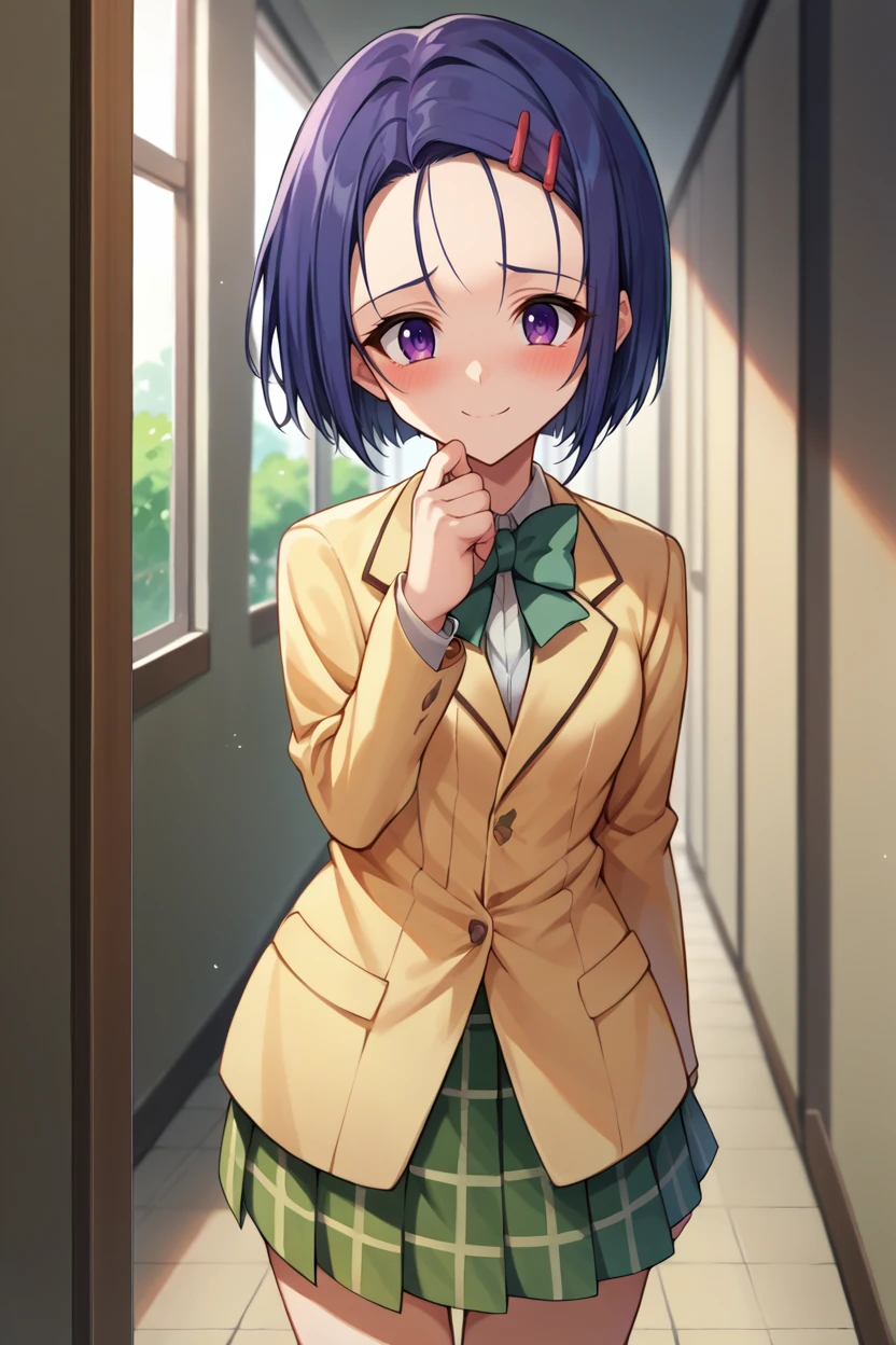 score_9, score_8_up, score_7_up, score_6_up, source_anime, BREAK <lora:tlrharuna-pdxl-nvwls-v1-000005:1> tlrharuna, hairclip, green bowtie, yellow blazer, long sleeves, green miniskirt, plaid, short skirt, looking at viewer, blush, nervous, smile, looking at viewer, hallway