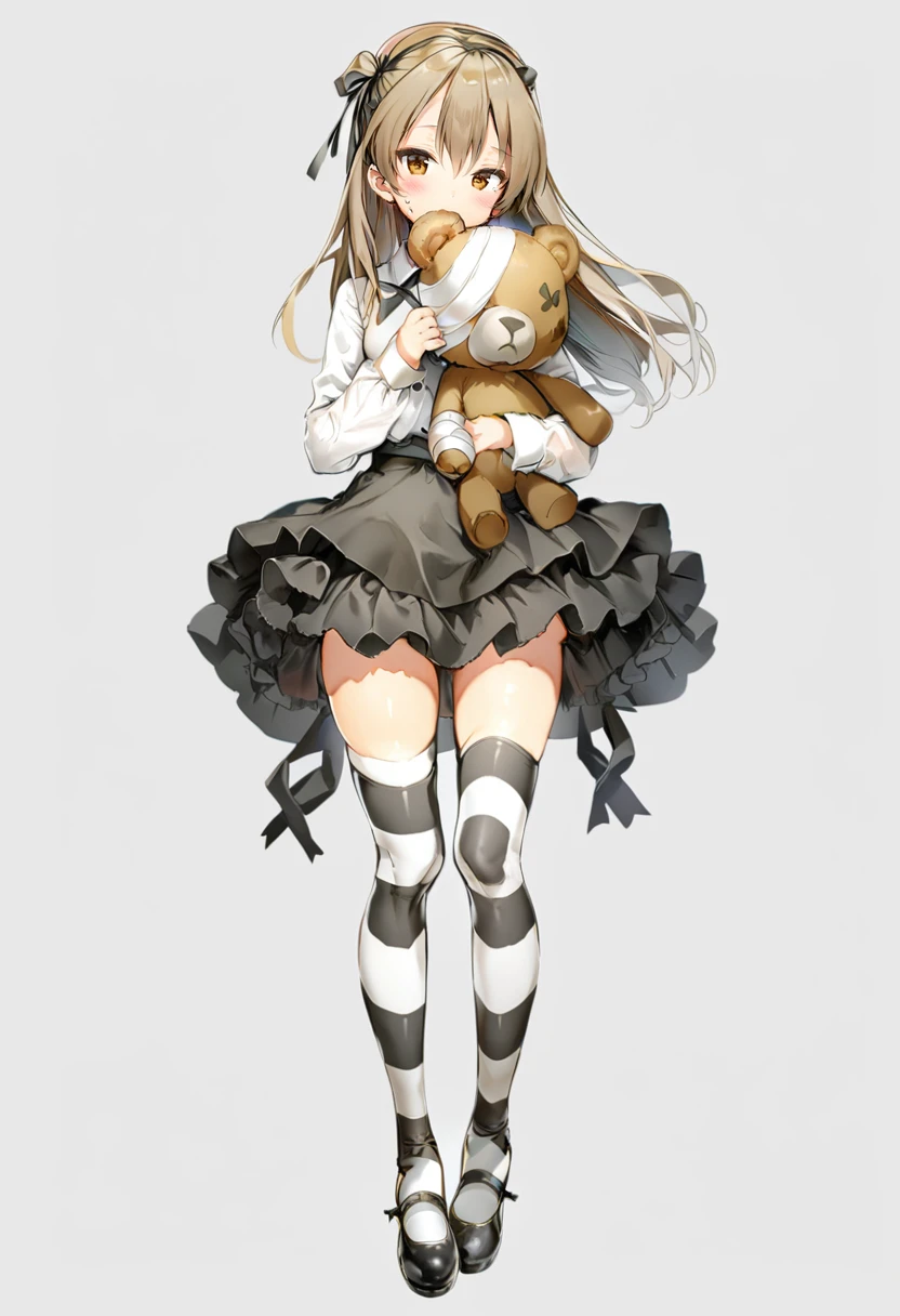 masterpiece, best quality, <lora:anmiXL_ANI31_lokr_V2233:0.95> 1girl, shimada arisu, solo, striped, thighhighs, teddy bear, long hair, stuffed toy, stuffed animal, boko \(girls und panzer\), brown eyes, striped thighhighs, looking at viewer, white background, simple background, full body, long sleeves, ribbon, hair ribbon, shoes, hairband, dress, shirt, standing, brown hair, mary janes, bandages, white shirt, blush, skirt, black footwear, holding, one side up, black dress