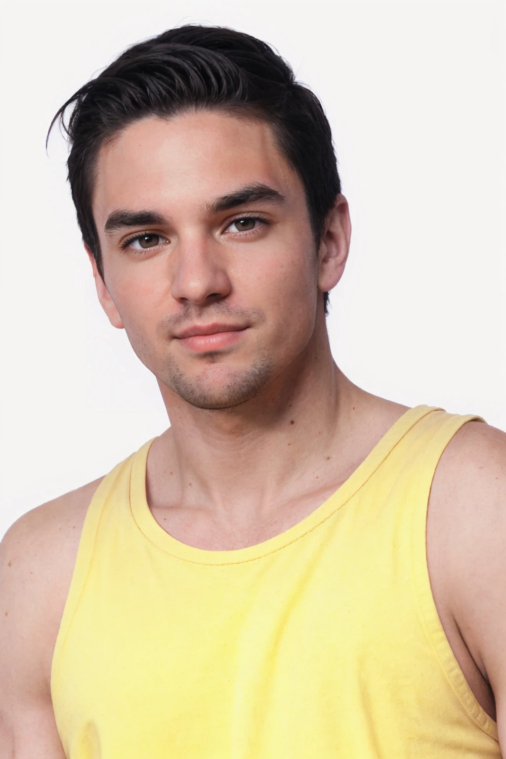closeup headshot photo of steveperson <lora:steve_epoch_10:0.8>, wearing a yellow tanktop, white background, (smirk:0.5)