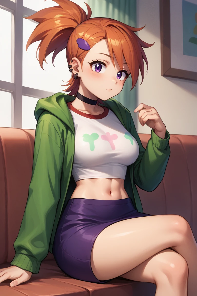 score_9, score_8_up, score_7_up, BREAK, 1girl, solo, breasts, <lora:frankiefoster-guy-PONYv1:1>, frankiefoster, ponytail, hair ornament, earrings, black choker, shirt, green jacket, midriff, purple skirt, sitting, crossed legs,