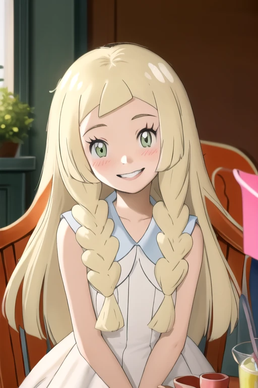 masterpiece, best quality, absurdres, (ultra detailed, light rays, bloom, indoors, day, 1girl, solo, lillie (pokemon), white dress, sleeveless dress, collared dress, looking at viewer, blush, smile, teeth, upper body, ((sitting)), head tilt, wooden chair