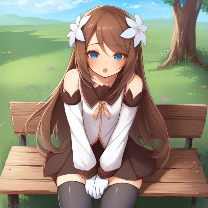 cowboy shot, solo, <lora:martaLualdi:0.8>, marta_lualdi, long hair, hair ornament, blue eyes, hair flower, gloves, brown hair, black thighhighs, detached sleeves, white shirt, black skirt, outdoors, from above, sitting, on bench, highres, Digital art, trending on artstation, best quality, insanely detailed, masterpiece, stunning environment, wide-angle,