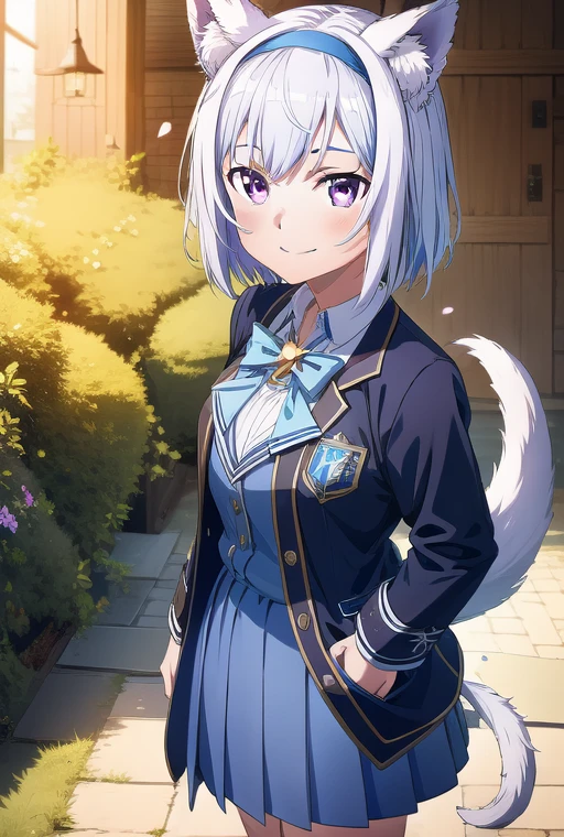 <lora:SAO Style:1> <lora:MasterpiaceSTYLEv3:1> 1girl, solo, filian, purple eyes, white hair, short hair, animal ears, hair bell, hairband, school uniform, blue skirt, tail, smile, looking at viewer