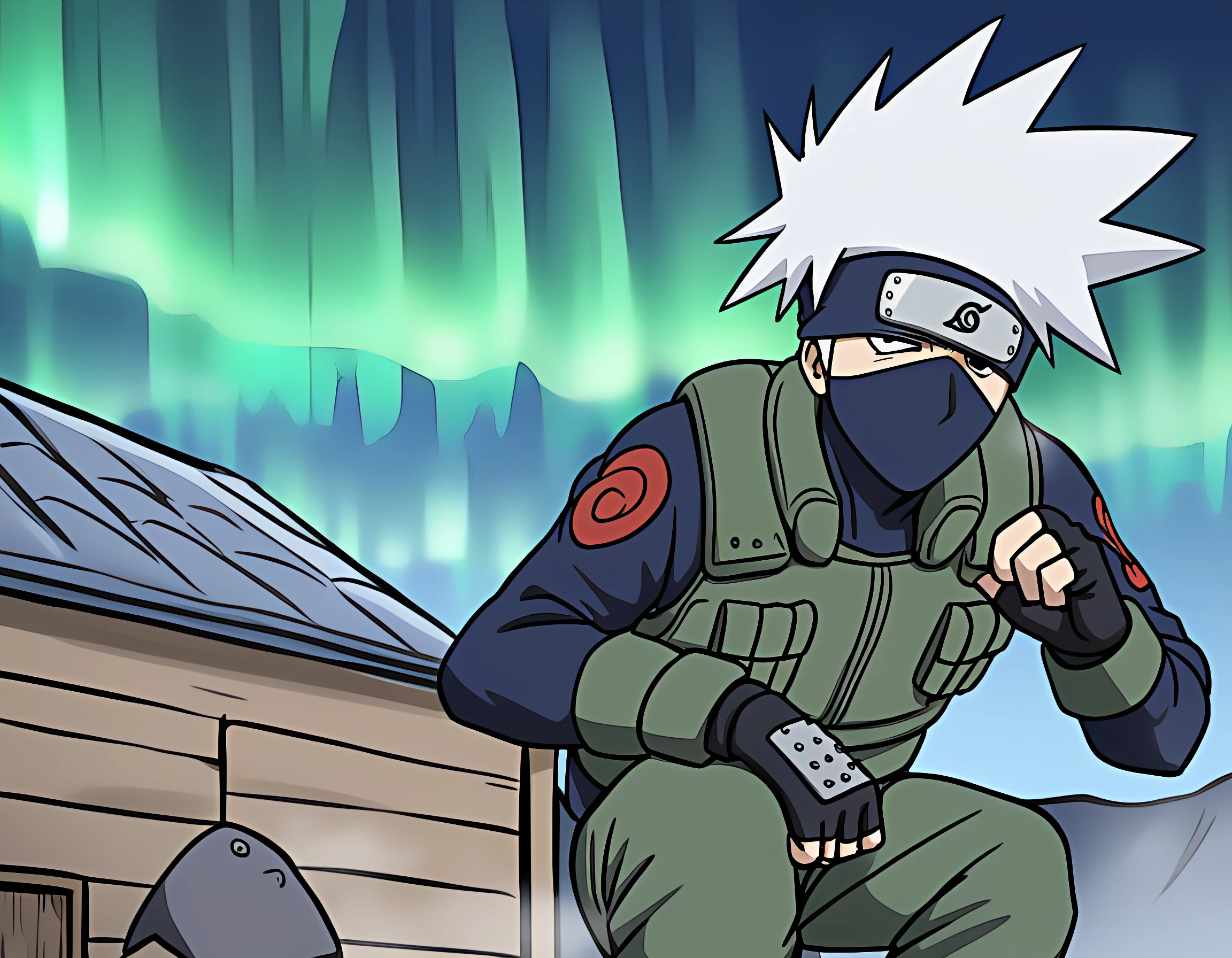 masterpice, best quality,kakashi,solo,long sleeves,1boy,:o expression,,jacket,white hair,male focus,black gloves,pants,fingerless gloves,black eyes,vest,mask,spiked hair, art by sumiyao (amam),mouth mask,forehead protector,ninja, detailedgoing to a haunted house sleepover,,wonderland whirlpool background,aurora,absorb