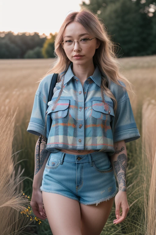 DEN_bae_SG,
(walking through a tallgrass meadow wearing (Jean shorts:1.3) and (plaid shirt:1.3), meadow, wild, overgrown, walking,:1.2),
bokeh, f1.4, 40mm, photorealistic, raw, 8k, textured skin, skin pores, intricate details <lora:epi_noiseoffset2:1>, epiCRealism