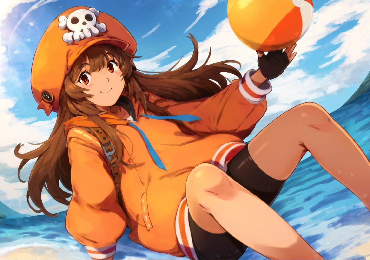 <lora:guiltygear_may-10:1> ggmay, orange headwear, hat, skull and crossbones, orange hoodie, bike shorts, orange footwear, fingerless gloves, backpack, brown hair, brown eyes
masterpiece, best quality, absurdres, ship, ocean, blue sky, smile, on deck, hands in pockets