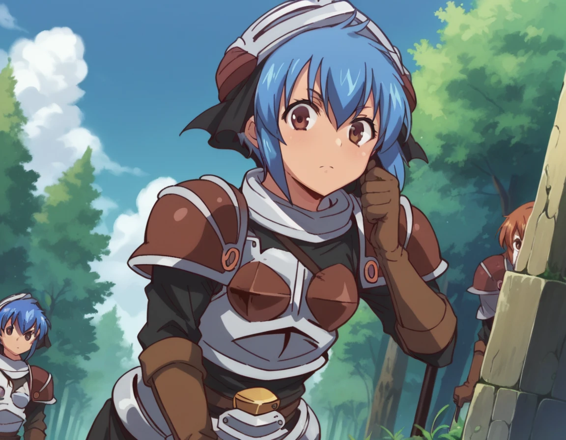 score_9, score_8_up, score_7_up, source_anime,
menadshisei, <lora:menad-shisei-ponyxl-lora-nochekaiser:1>
menad shisei, short hair, brown eyes, blue hair,
gloves, armor, shoulder armor, brown gloves, pauldrons, breastplate,
outdoors, forest, bent over,
looking at viewer, dutch angle, cowboy shot