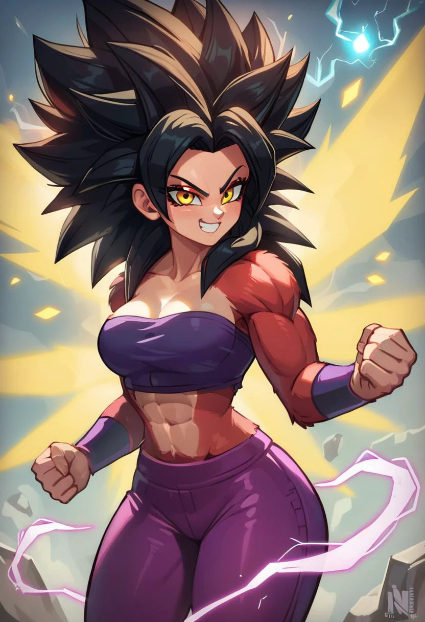 score_9, score_8_up, score_8, cute, curvy, 
 Super_Saiyan_4_Caulifla,  1girl,  crop top,  long black hair,  body fur,  red fur, yellow eyes, 
purple pants, 
Aura, energy, glowing, swirling energy,  
electricity, aura, smile, smug, clenched_fist, looking at viewer, cowboy shot,  glowing, aura, energy, beam, flying debris, serious, floating hair,