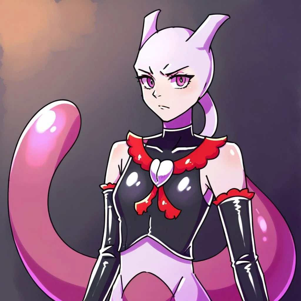 Solo, portrait, sleeveless, black shirt, brooch, hair ornament, idol, idol clothes, dark persona, corruption, realistic, gloves, elbow gloves, mewtwo, pokemon (creature), no humans