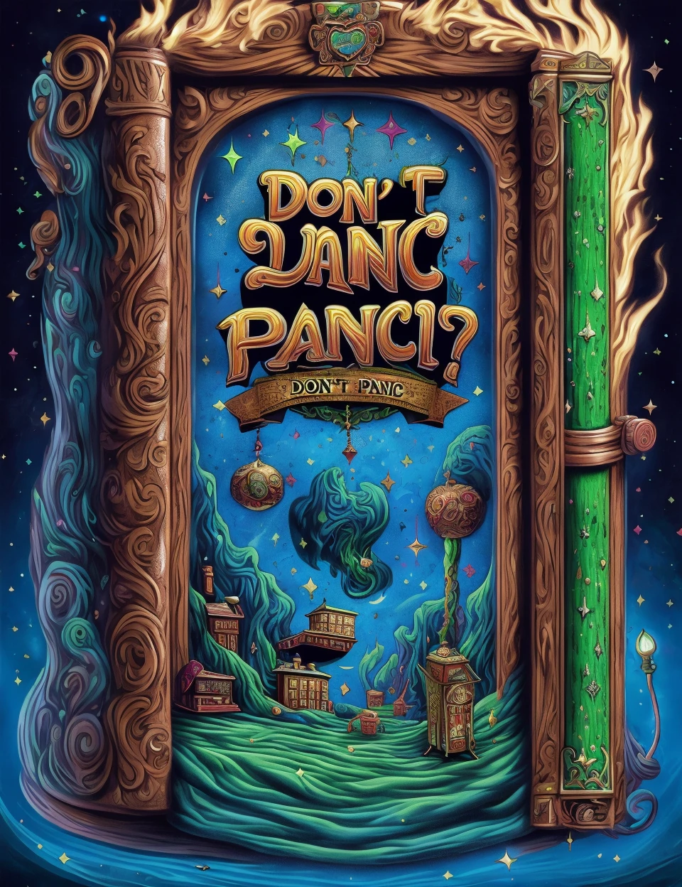 DonMD0n7P4n1c, text "DON'T PANIC!", enchanted scrolls, leatherbound, wood, , <lora:DonMD0n7P4n1c:1>