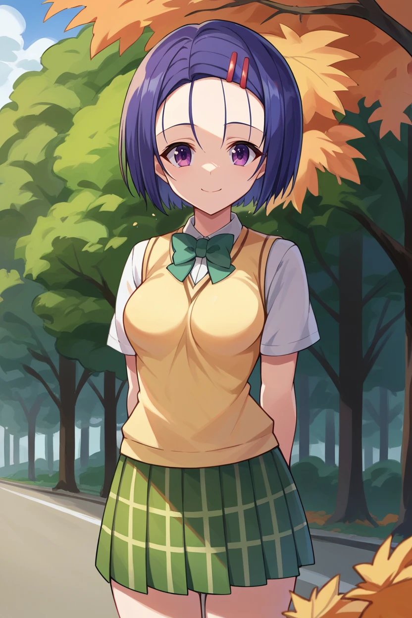 score_9, score_8_up, score_7_up, score_6_up, source_anime, BREAK <lora:tlrharuna-pdxl-nvwls-v1-000005:1> tlrharuna, medium hair, hairclip, green bowtie, yellow sweater vest, white shirt, short sleeves, green miniskirt, plaid, short skirt, looking at you, smile, closed mouth, trees, autumn, arms behind back, medium breasts