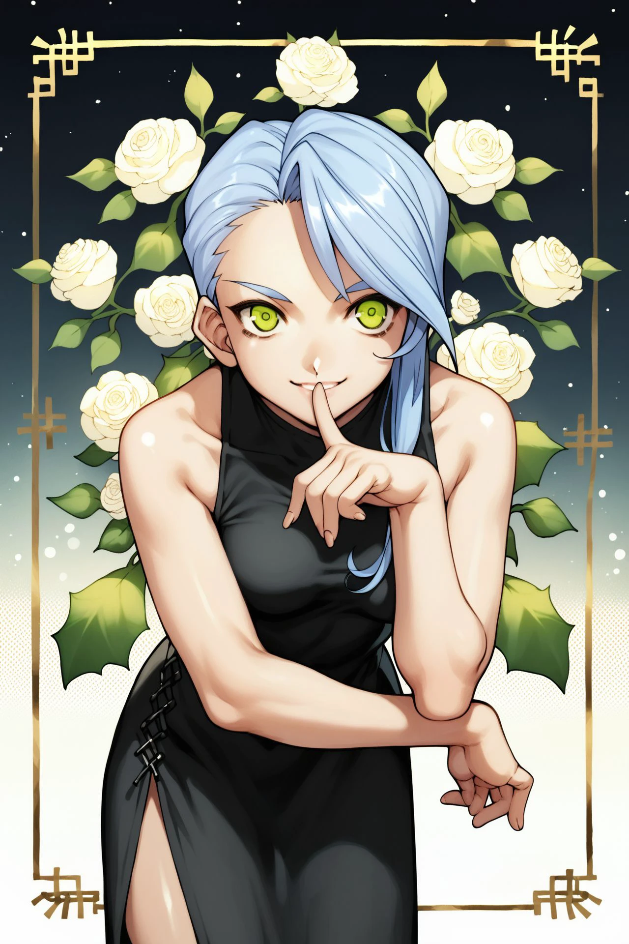 score_9, score_8_up, score_7_up, 1girl, petite female, shiny skin, leaning forward, squinting eyes smile, light blue hair, single hair intake, asymmetrical bangs, green eyes, medium breasts, black santa dress, floral background, dim light <lora:fujishima_kousuke_PonyXL_style_v01:1>