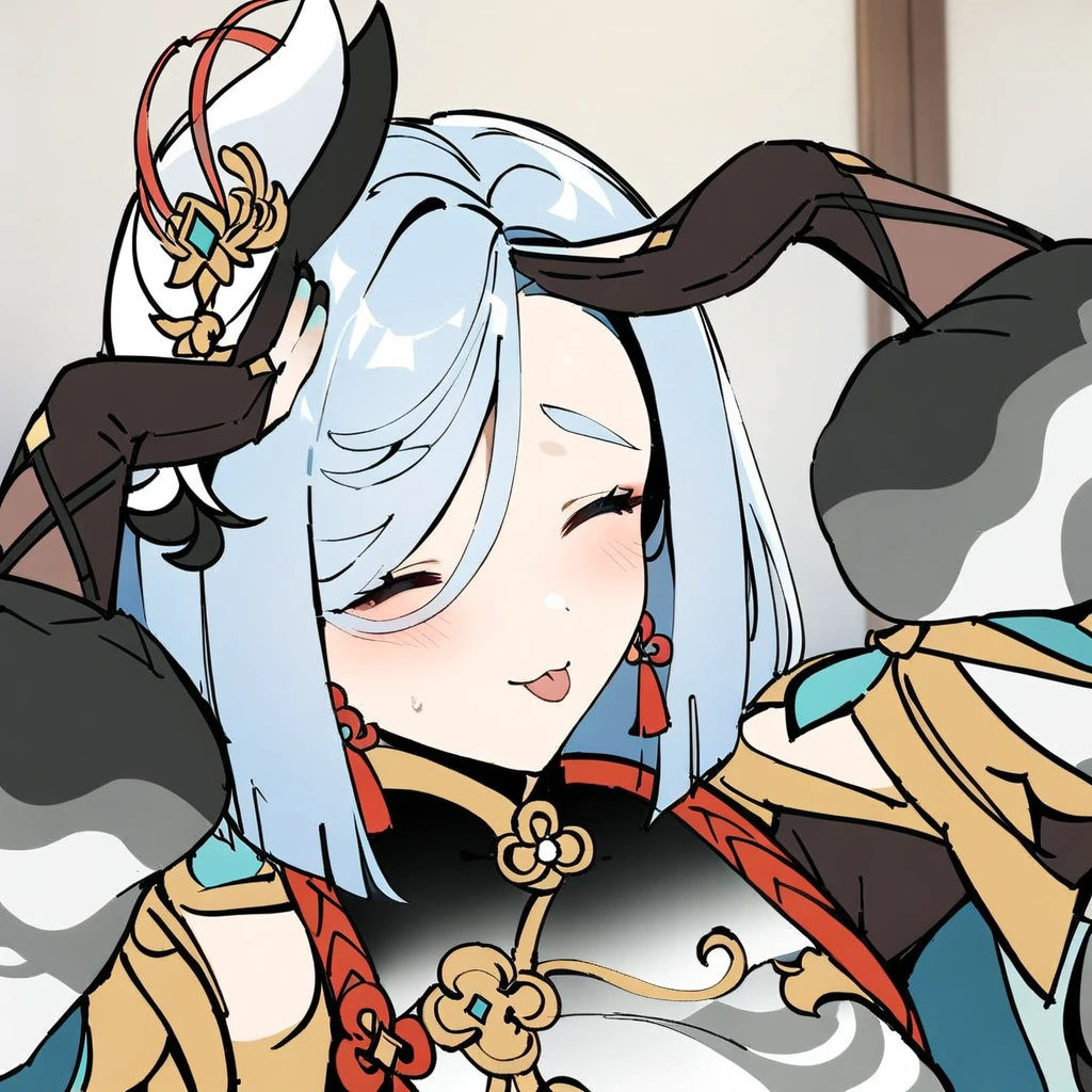 <lora:xl_ah_eto..._bleh_(meme)(a3.1)-000007:1>,tongue out,closed eyes,:3,blush,smile,upper body,shenhe \(genshin impact\),, masterpiece,best quality,