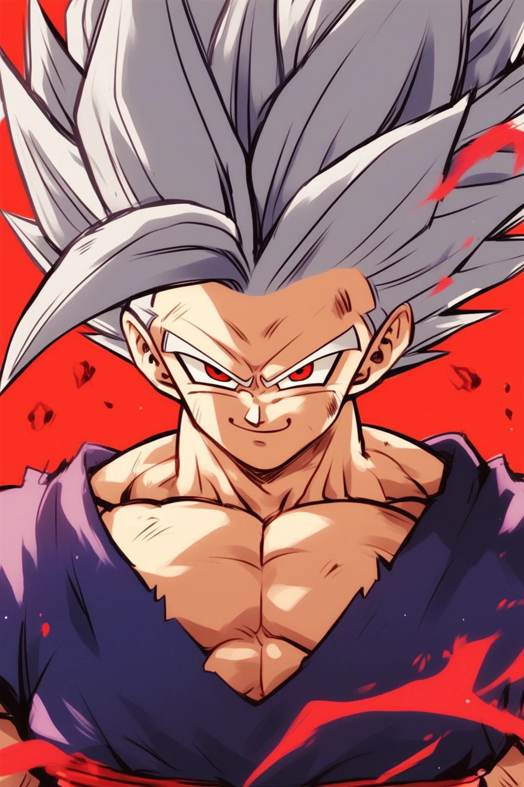 <lora:Gohan_Beast_pony:1> gohan_beast, male focus, 1boy, solo, spiked hair, muscular, red eyes, dougi, grey hair, muscular male, aura, smile, score_9, score_8_up, score_7_up, score_6_up, score_5_up, score_4_up