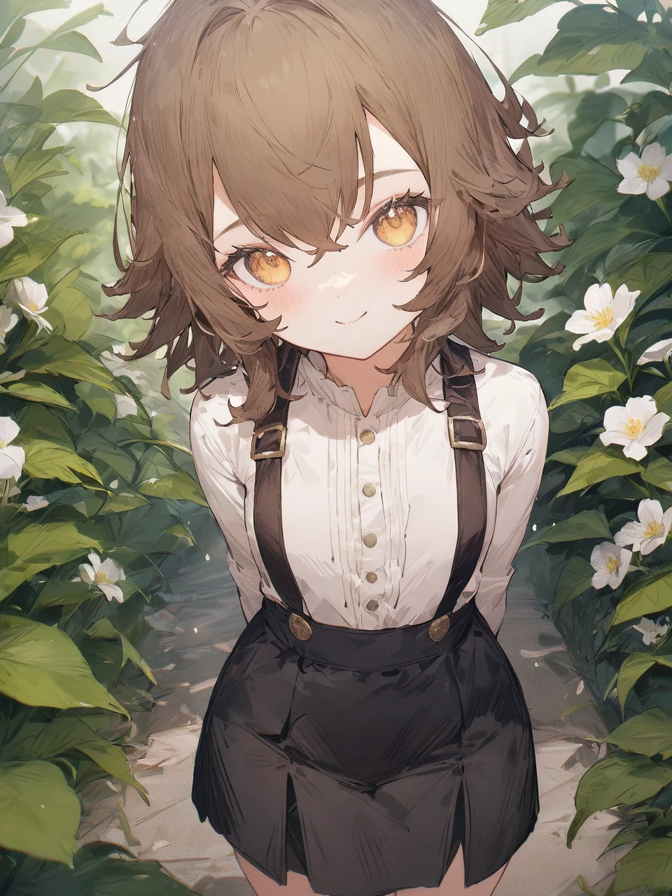 1girl, brown hair, short hair, white shirt, long sleeves, black skirt, suspenders skirt, looking at viewer, from above, flower, white flower, smile, leaf, upper body, closed mouth, sunlight, light particles, blurry, outdoors, plant, depth of field, masterpiece, high quality, recent, very aesthetic, messy hair, small breasts, flat chest, arms behind back, leaning forward