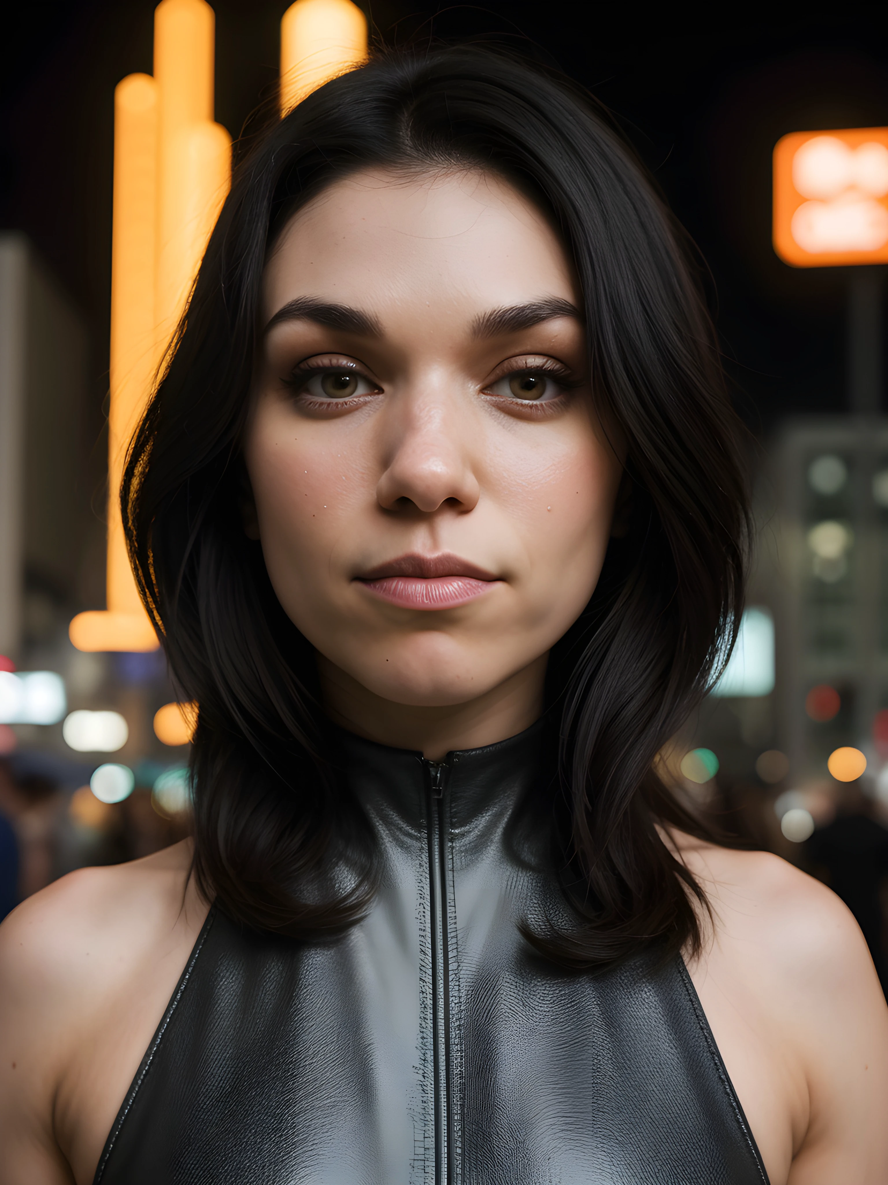 close-up portrait photo of Gr4c3C4r0l1n3Curr3y_V1-Emb , black hair , makeup,wearing casuals, in the middle of a busy night time street, 8k uhd, high quality, dramatic, bokeh, dramatic lighting, camera f1.6 lens , hyper realistic , lifelike texture