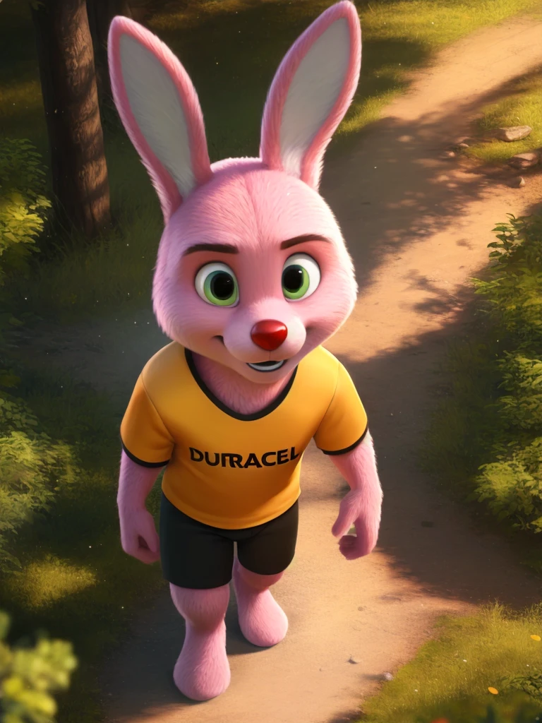 <lora:BunnyDuracellOpt:0.85> , BunnyDuracellOpt, green eyes, red nose, pink fur,  bynny, white ear fur, black shorts, dark yellow shirt, CGI
solo,   looking at viewer, (beautiful, aesthetic, perfect, delicate, intricate, masterpiece, ) male, boy, high-angle view, foreshortening 
uploaded on e621, textured fur, [The sun is shining, nature, forest, river, trees, grass, road, sky with clouds,]
[by personalami], by smitty g, [[[by Foxovh]]], [[by Ross Tran]]