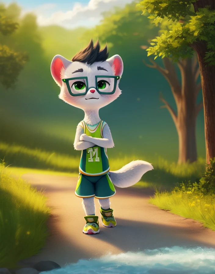 <lora:GoshaWeaselCartoonYif:0.9>    GoshaWeaselCartoon,     solo,   looking at viewer,  walking,  silver fur, green eyes, Weasel, square dark green glasses, ermine, light blue T-shirt and lime green tank top, emerald green shorts, green sneakers with white soles and orange laces, dark green bracelet
(beautiful, aesthetic, perfect, delicate, intricate, masterpiece, )  textured fur, [The sun is shining, nature, forest, river, trees, grass, road, sky with clouds,]  
by asnnonaka, by reysi, by ikiki  by silverfox5213,