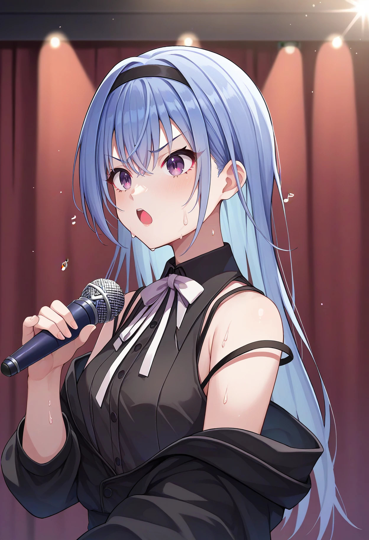 masterpiece, best quality,
1girl, solo,
<lora:kafuu_chino:1>
cowboy shot,
,
blue eyes, light blue hair, long hair, straight hair, hair between eyes, hair ornament, x hair ornament,
flat chest, chino work, shirt, white shirt, collared shirt, bowtie, blue bowtie, vest, blue vest, long sleeves,
skirt, black skirt,
singing, holding microphone,
profile, blush, expressionless ,
indoors, cafe