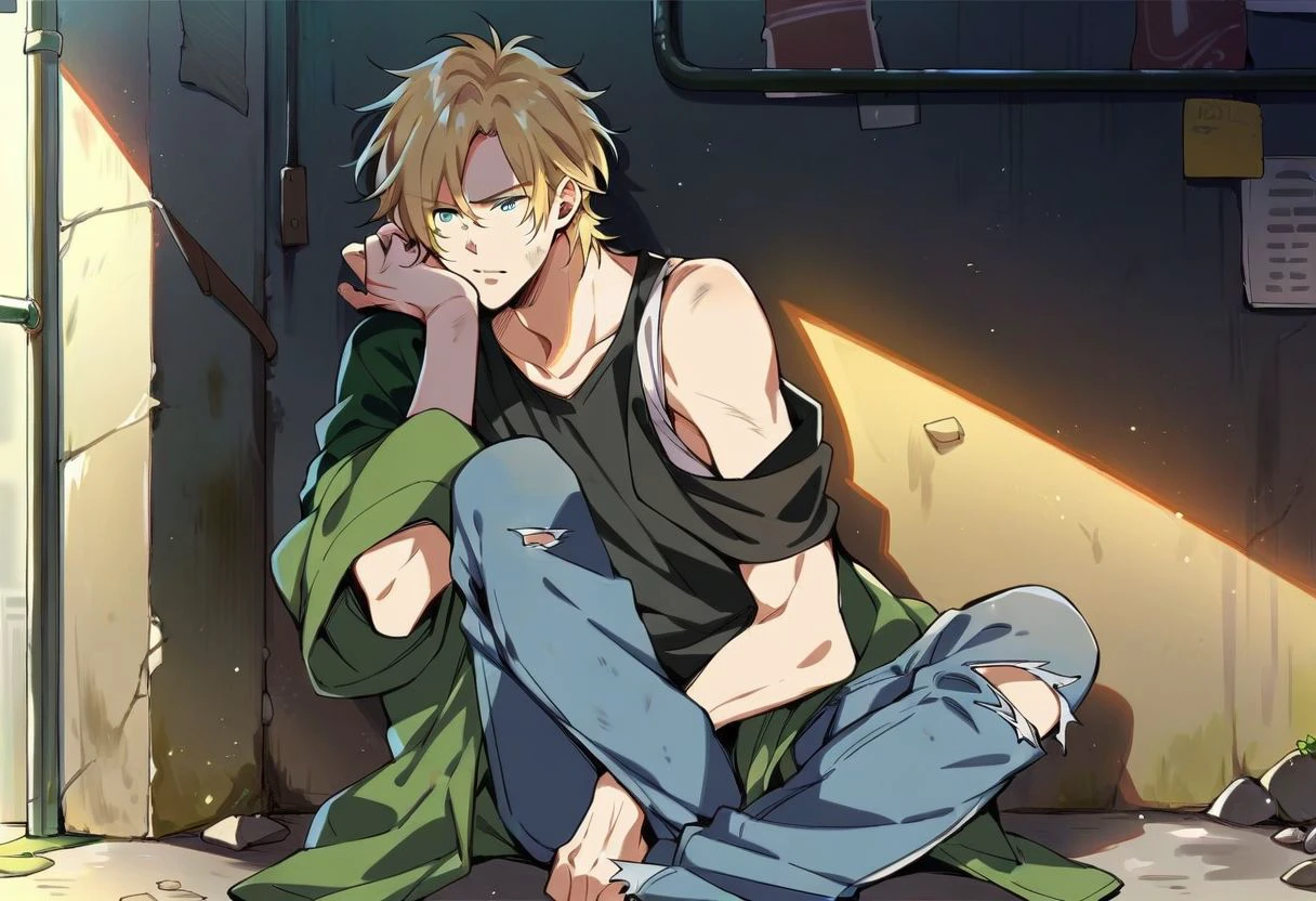 score_9, score_8_up, score_7_up, ash lynx, 1boy, solo, source_anime, 1boy, blonde hair, green eyes, black sweatshirt, jacket around clothes, torn jeans, sitting, alley, dirty, nori