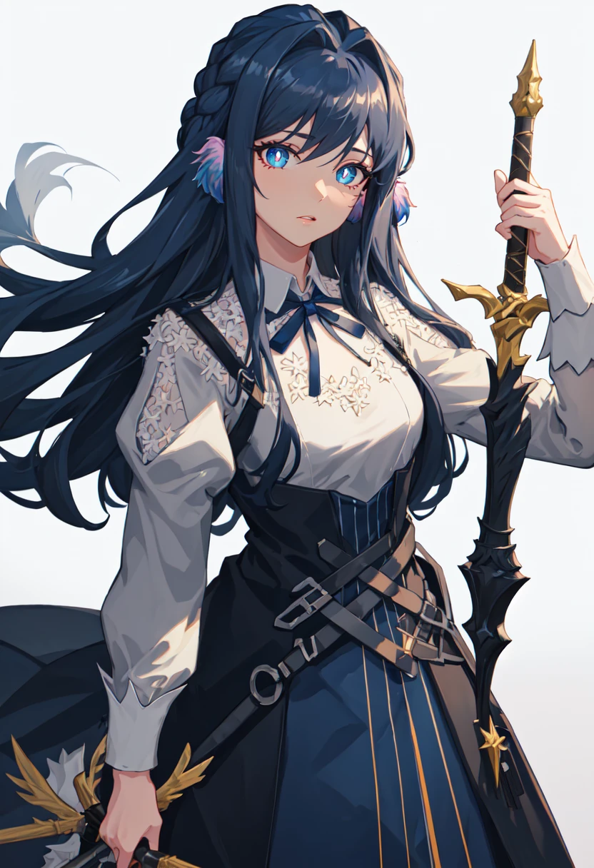 best quality, masterpiece, highres, solo, (astesia_arknights:1.10), 1girl, long sleeves, cowboy shot, holding sword, looking at viewer, white shirt, blue skirt, closed mouth, star (symbol), white background, diamond-shaped pupils, neck ribbon, puffy sleeves, simple background, 3 <lora:astesia_arknights:0.80>