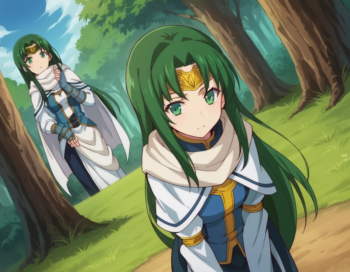 score_9, score_8_up, score_7_up, source_anime,
marisamarilis, <lora:maris-amarilis-ponyxl-lora-nochekaiser:1>
maris amarilis, long hair, green eyes, green hair, circlet,
gloves, fingerless gloves, dress, white dress, capelet, cape, scarf, white scarf, long sleeves,
outdoors, forest, bent over,
looking at viewer, dutch angle, cowboy shot