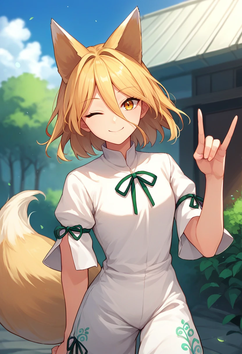 score_9, score_8_up, score_7_up, source_anime, solo, 1girl, kudamaki tsukasa, smile, looking at viewer, fox shadow puppet, animal ears, one eye closed, white romper, green ribbon, puffy short sleeves, fox tail, outdoors <lora:touhou_kudamaki_ponyXL:1>