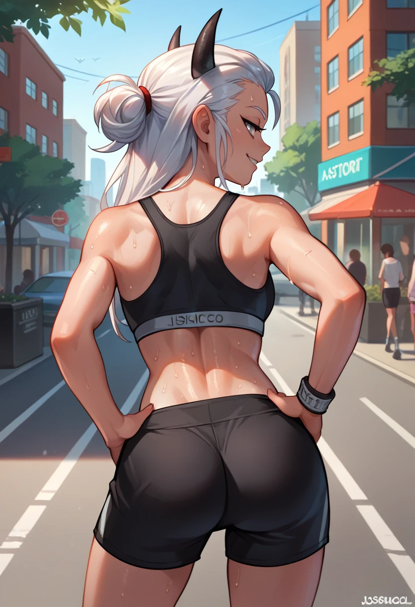 score_9, score_8_up, score_7_up, source_anime, from behind, solo, 1girl, justicepol, sweat, smile, looking back, hands on hips, long hair, black horns, demon horns, grey eyes, black sports bra, black shorts, ass, outdoors, city street <lora:helltaker_justice_ponyXL:1>