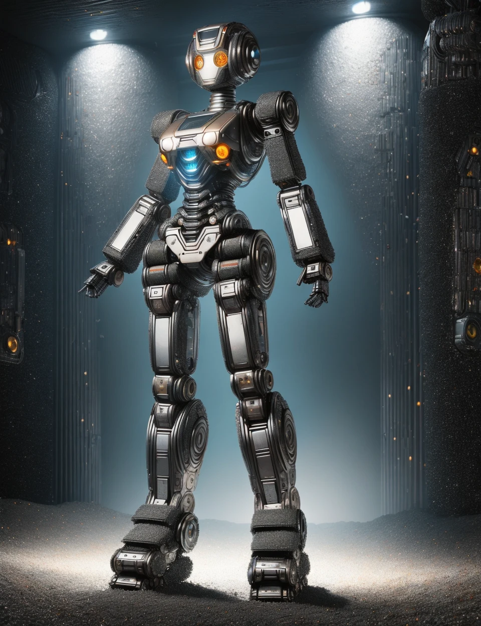 DonM1r0nF1l1ng5, iron filings, female sentient robot- robots with expressive visual displays, glowing eyes, and sleek, polished exteriors, , <lora:DonM1r0nF1l1ng5-000008:0.8>