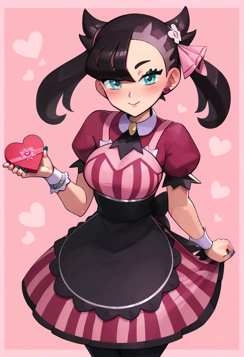 score_9, score_8_up, score_8, medium breasts, (curvy), cute, eyelashes, 
solo, smile, looking at viewer, apron, blush, box, creatures (company), dress, earrings, flower, game freak, hair flower, hair ornament, hair ribbon, heart-shaped box, highres, holding, jewelry, l4wless, marnie (palentines 2022) (pokemon), marnie (pokemon), nail polish, nintendo, pantyhose, pink ribbon, pokemon, pokemon masters ex, ribbon, simple background, pink background, twintails, valentine, waist apron, wrist cuffs, <lora:more_details:0.5> pink border, hearts background,