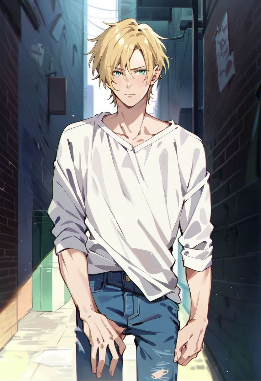 score_9, score_8_up, score_7_up, 1boy, solo, 1boy, twink, blonde hair, green eyes, white shirt, blue torn jeans, alley, looking at viewer