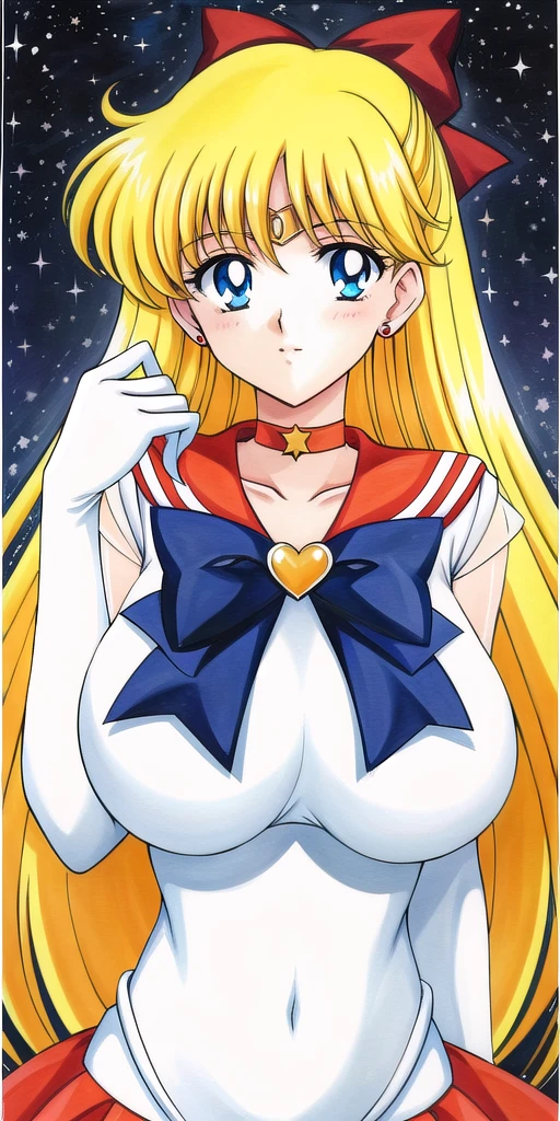 <lora:Aino_MinakoV3:0.7>, Aino_Minako, huge_breasts, standing, solo, White_leotard_Orange_sailor_collar_Orange_miniskirt_White_gloves_Star_choker_Blue_bowtie_Yellow_back_bow_Circlet_Heart_brooch_See-through_sleeves, masterpiece, best_quality, detailed_face, detailed_eyes, highres, beautiful, detailed, absurdres,