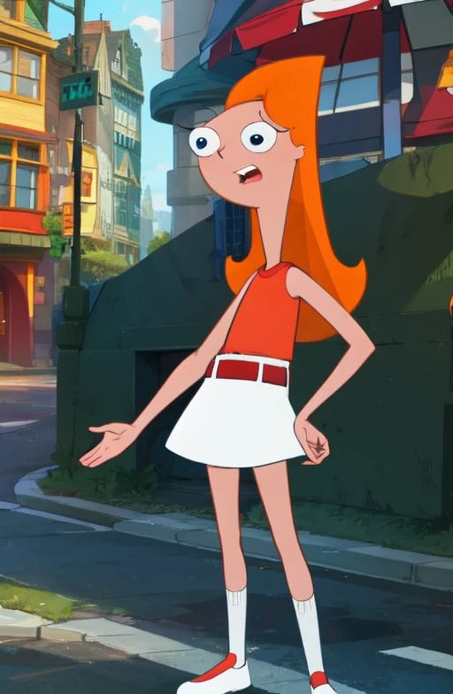 <lora:Candace Flynn SD15 V1:1> candace_flynn, medium hair, orange hair, dark blue eyes, white skirt, red shirt, white shoes, sleeveless, red socks, red belt