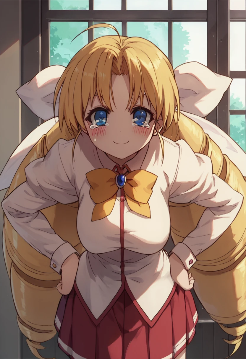 score_8_up, 1girl, blonde hair, blue eyes, solo, long hair, drill hair, bow, blush, ahoge, school uniform, smile, looking at viewer, hands on hips, leaning forward, upset, tears <lora:Selnia_Lori_Flameheart:1>