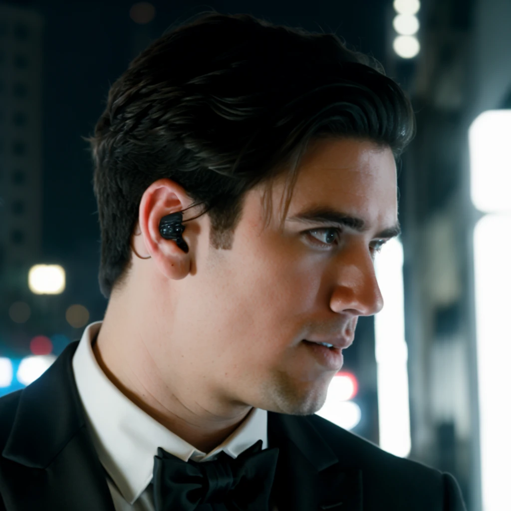 face portrait of loganhenderson person using a tuxedo, in blade runner, professional photography, high resolution, 4k, detailed photo, <lora:loganhenderson_38700:1>
