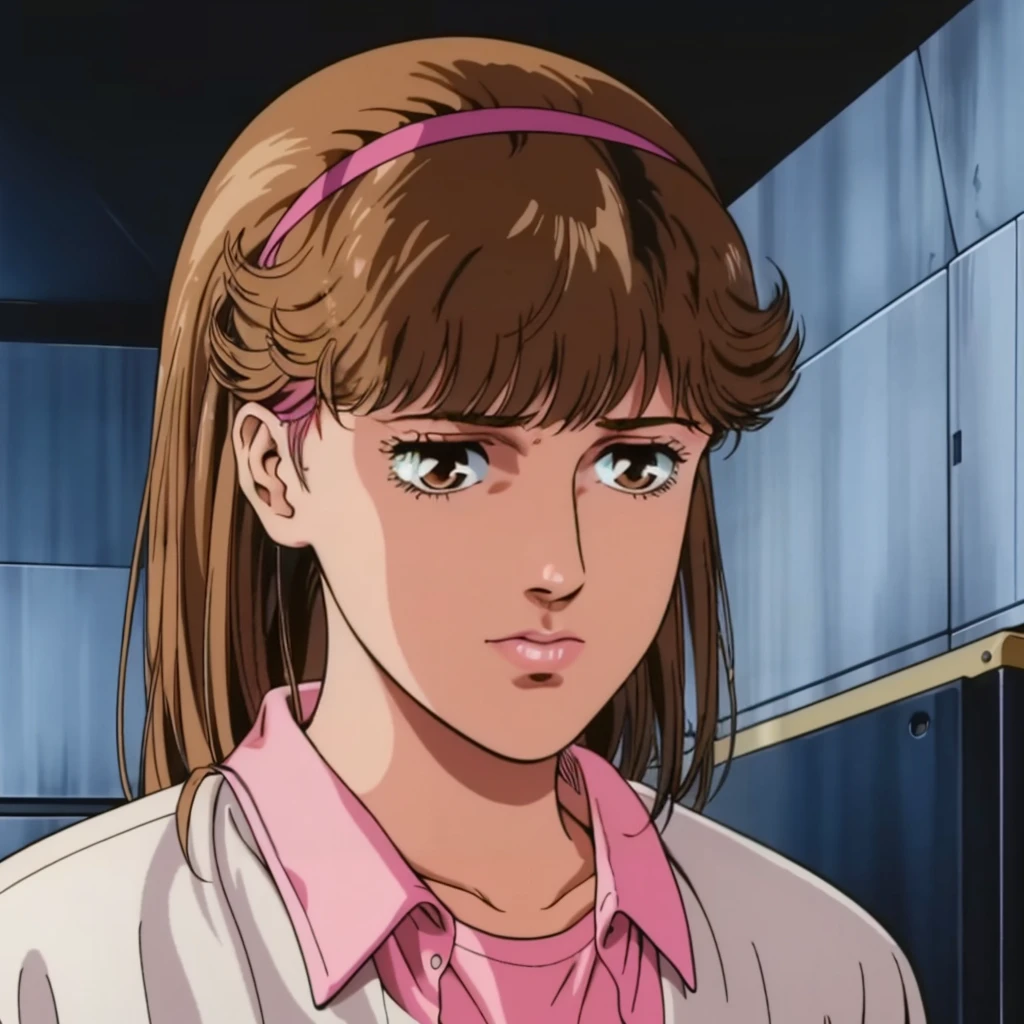 <lora:MZ2TakanakaYui001:0.7>,
solo,
MZ2TakanakaYui,1girl,brown hair,brown eyes,retro artstyle,1980s (style),
hair band,
pink shirt,white jacket,