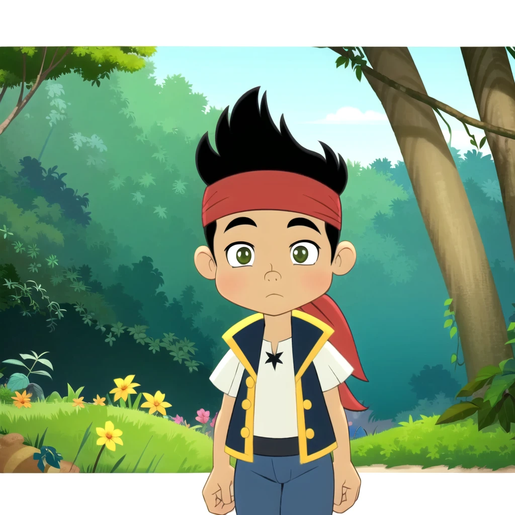 solo, 1boy, Jake,  black hair,  Green eyes, shirt, white shirt, blue pants, vest, Red headband, child,  <lora:Jake_NeverlandPirates_Leaf1:0.8>, cowboy shot,  forest, arms behind back,