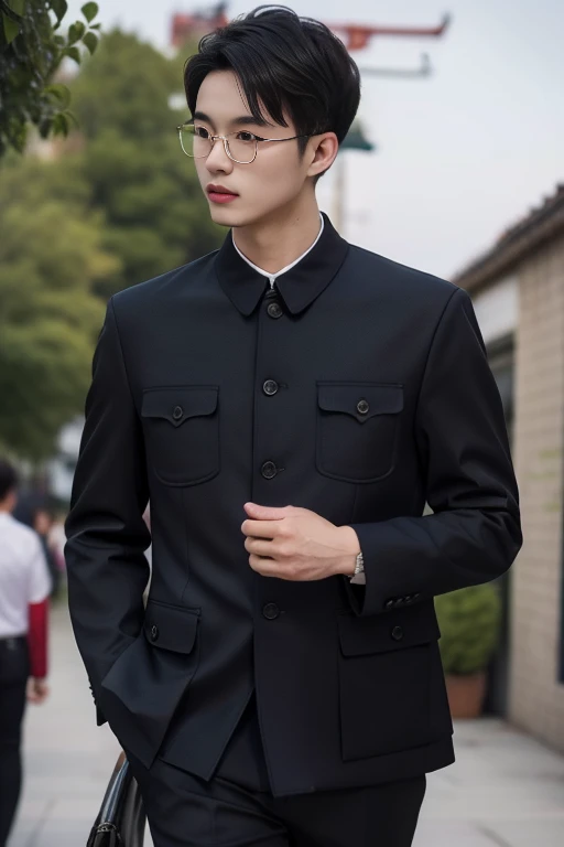 ltra-detailed,highly detailed,best quality,masterpiece,illustration,realistic,photorealistic,
1boy, solo,
chinese tunic suit, formal, jacket, shirt, pants,
breast pocket,
looking at viewer, walking, cowboy shot,
outdoors, day, tree, <lora:chinese tunic suit_v1_08:0.7>