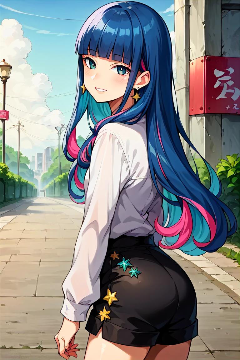 score_9, score_8_up, score_7_up, score_6_up, score_5_up, score_4_up, rating_questionable, , source_anime, digital illustration, pixiv, fanbox, uncensored, , BREAK, official art,
1girl, solo, female, eida, blue hair, blunt bangs, colored colored inner hair, long hair, earrings, long sidelocks,
white shirt, long sleeves, black shorts, star \(symbol\), jewelry, outdoors, light smile, blush, cowboy shot, looking at viewer, colorful, vivid   <lora:Eida_Pony-10:0.8>