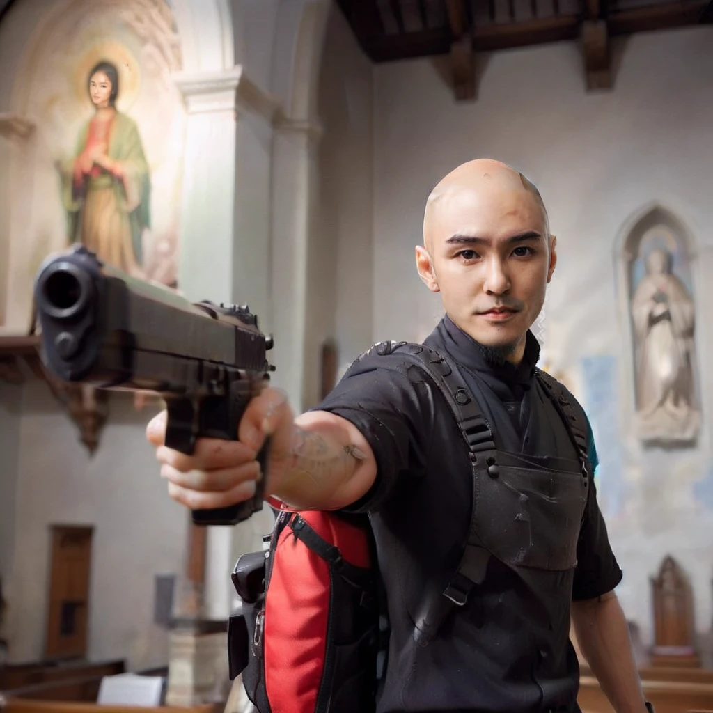 man,Bald,beard,<lora:XL_Weapon_pistol:0.75> pointing pistol,Create a realistic style image featuring an Asian male as the main subject. He is dressed in tattered black clothing, with a striking red fanny pack around his waist, holding a handgun. The setting is inside a church, where the intricate details of the architecture contrast with his rugged appearance. Focus on the sharpness of his features, the texture of his attire, and the ambient lighting of the church to bring depth to the scene, <lora:htm2:0.85>
